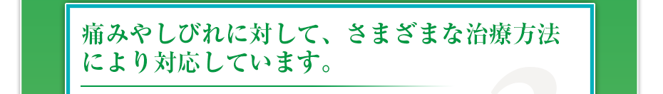 痛みやしびれに対して、さまざまな治療方法により対応しています。