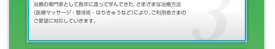 治療の専門家として長年に渡って学んできた、さまざまな治療方法（医療マッサージ・整体術・はりきゅうなど）により、ご利用者さまのご要望に対応していきます。