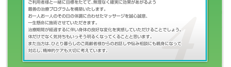 ケアマネさんと相談・摺り合わせの上、短期・中期・長期の目標を定めて、ご利用者さまにピッタリのペースを考え、 マッサージやリハビリを行っていきます。無理なく確実に効果が上がるような施術を心がけています。